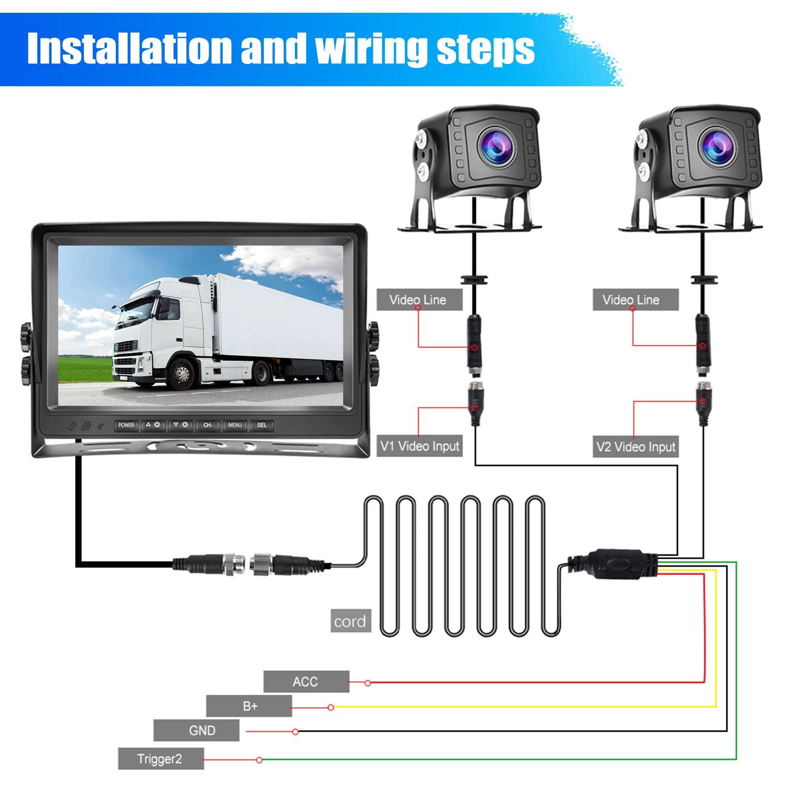 CAMECHO Cámara Marcha Atras Kit y 9 Pulgadas LCD Monitor+2* AHD Camara Trasera Coche con DVR Grabación Video, Impermeable 18IR Visión Nocturna+Cable de 2 x 10 m/12V-35V para Camion/Bus/Remolques/RV