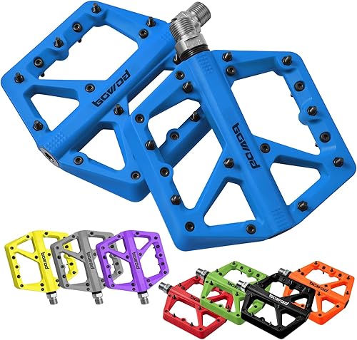 BOWOD MTB Pedals Large Mountain Bike Pedals, Lightweight Nylon Fiber Composite Bicycle Platform Pedals, Grippy Pedals w 18 Pins, Cr-Mo Spindle fit w