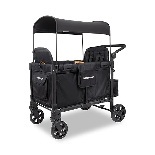 WONDERFOLD W4 Elite Pro Stroller Wagon (4 Seater) - Collapsible Wagon Stroller with Seats with 5-Point Harnesses, Adjustable Push Handle, and Adjustable Sun Canopy, Jet Black