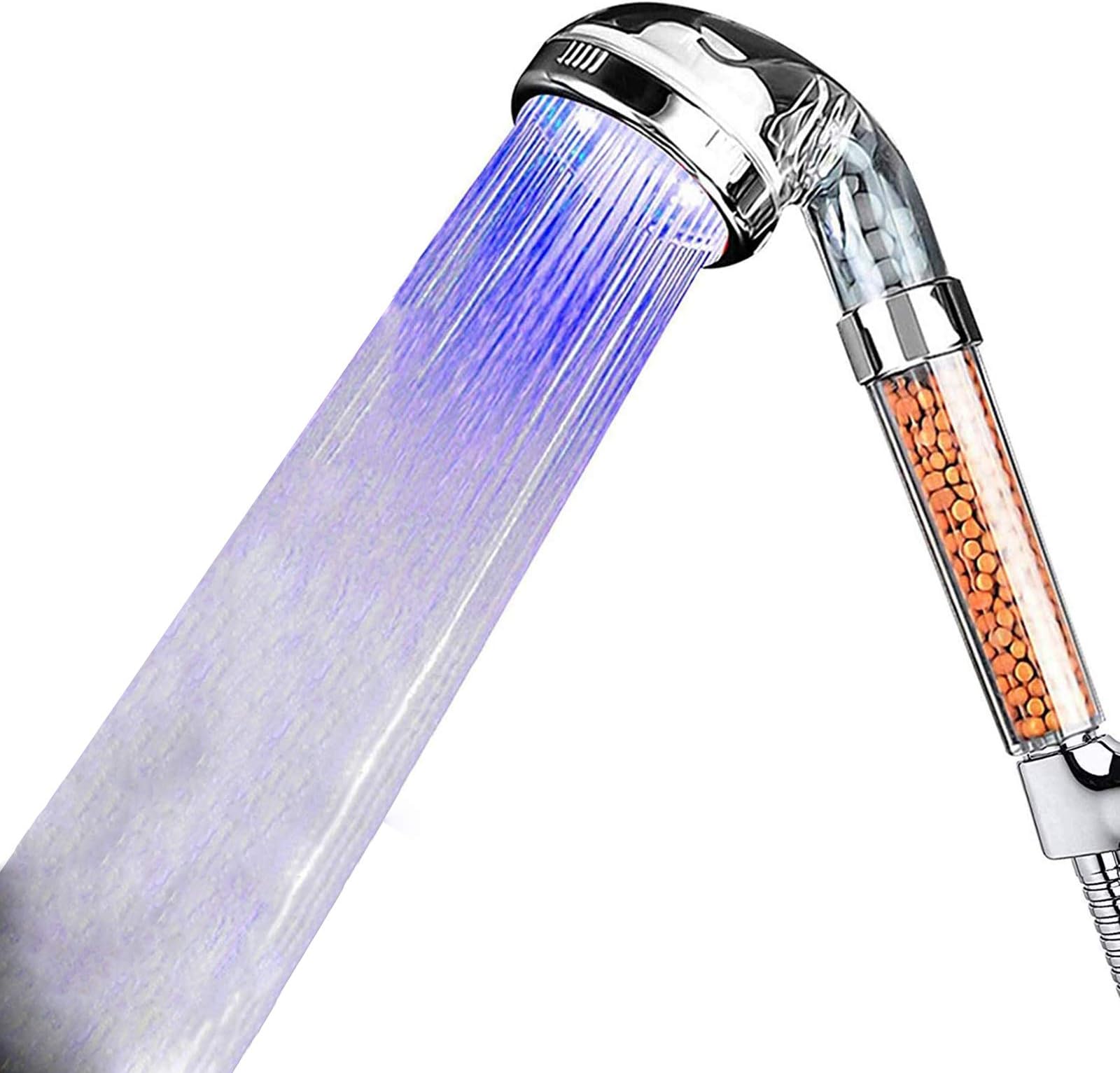 LED Shower Head, High Pressure Water Saving Filter Handheld Showerhead Anion Energy Ball for Repair Dry Skin and Hair - Color Changes with Water Temperature