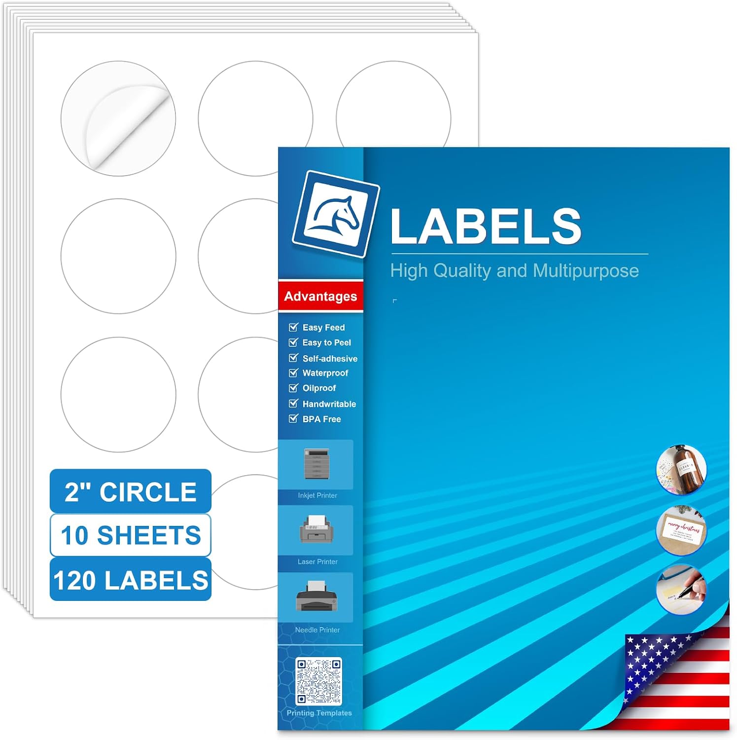 2 Inch Round Printable Labels, White Blank Circle Stickers for Laser Inkjet Printer, Wedding Favor, Candle, Cosmetic Jar & Handmade Craft Labels 120 Adhesive Labels (10 Sheets) with Template