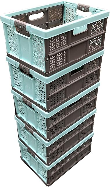 5 x 32 Litre Extra Strong Folding Plastic Stacking Storage Crates Box - 30KG LOAD CAPACITY PER BOX - SOFT HANDLES - GREAT VALUE
