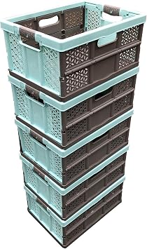 keeeper 5 x 32 Litre Extra Strong Folding Plastic Stacking Storage Crates Box - 30KG LOAD CAPACITY PER BOX - SOFT HANDLES - GREAT VALUE