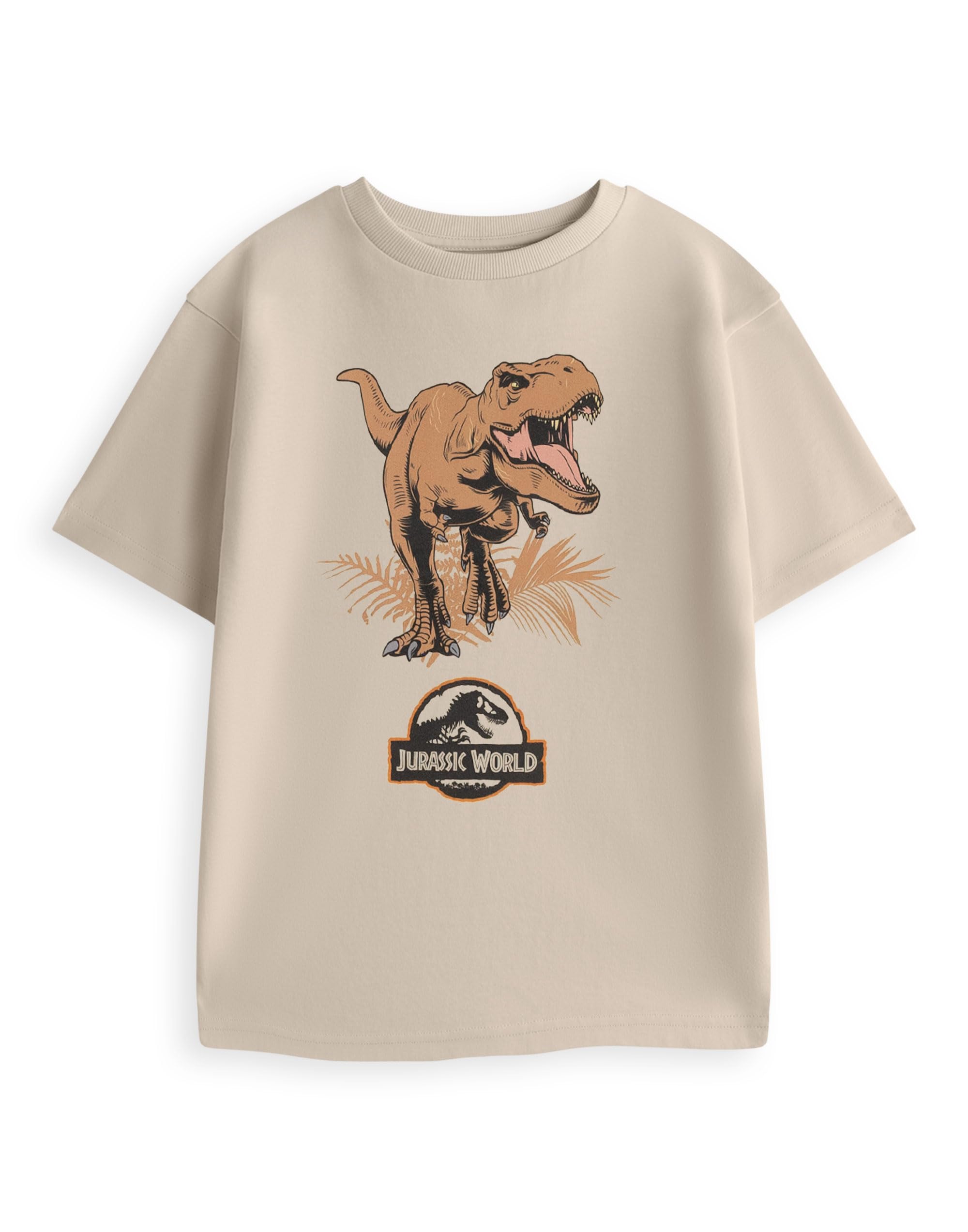 Jurassic World Boys T-Rex Rexy Beige Short Sleeved Graphic Tee | Classic Crew Neck T-Shirt Featuring Kids Movie Merchandise Merch - 7-8 Years