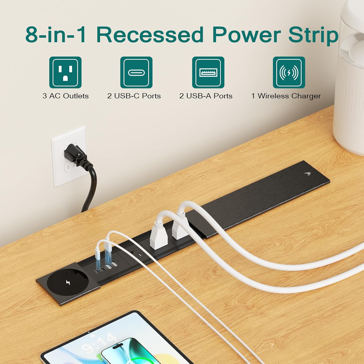QBA Recessed Power Strip with 15W Wireless Charger, PD 30W USB C, 3 TR AC Outlets, Flush Mount Power Strip with Sliding Lid, for Desk Furniture Conference Table, Black