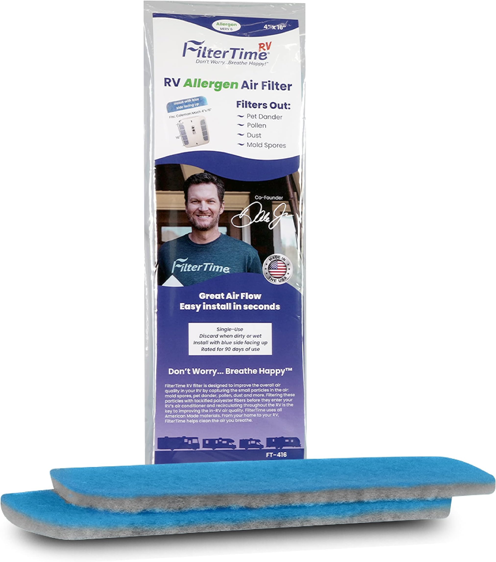 FilterTimeRV FT-416 Allergen RV Air Filter 4”x16” AC Filter Replacement for Coleman Mach (2 filters per pack)