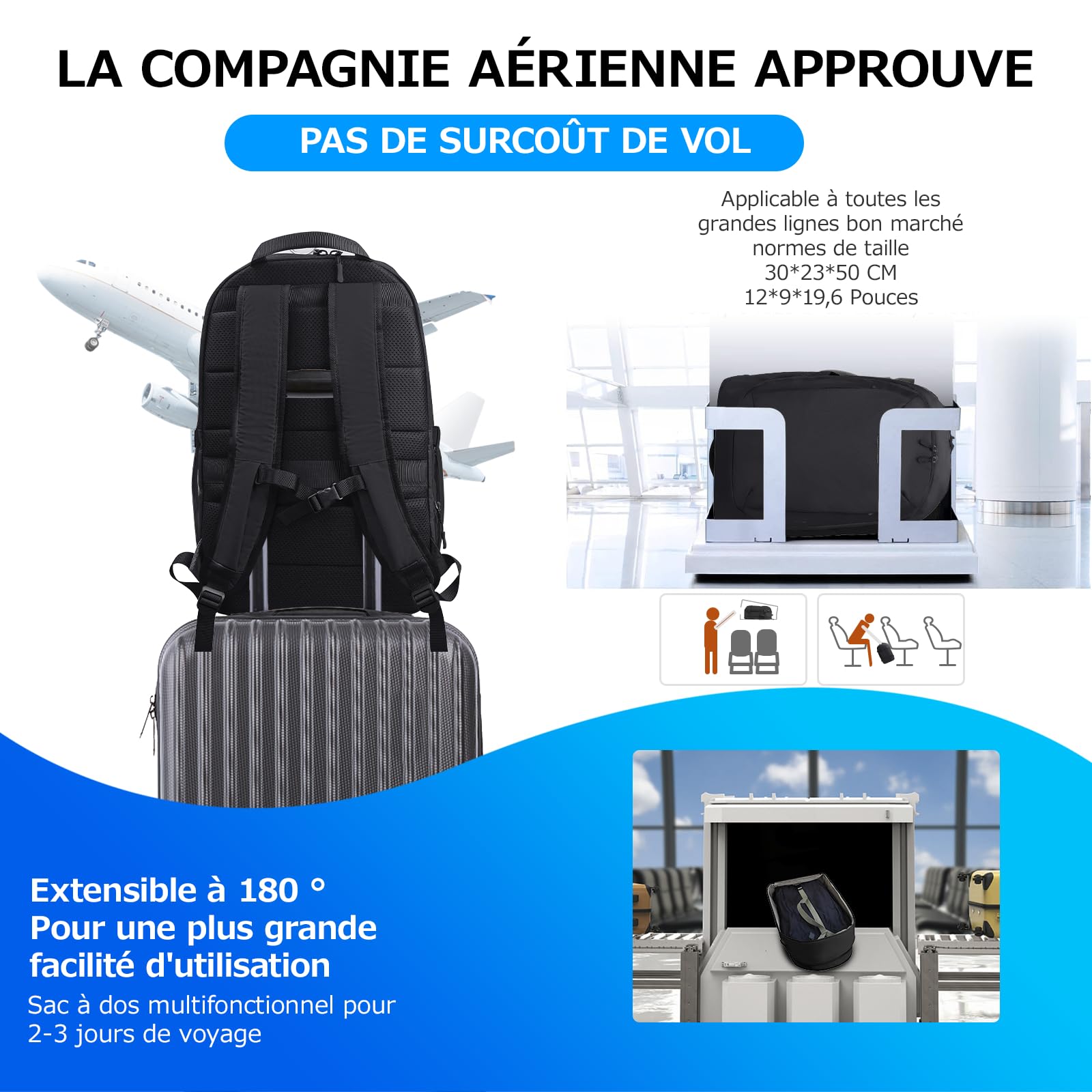 KINGSLONG Sac a Dos Sous Vides: 65L RÉSISTANT À L'EAU Sac de Voyage Vide COMPACT PROTECTION LAPTOP 17.3'' Pome Incluse IDÉAL Avion/EASYJET/RYANAIR ÉTanche Sac à Dos Business Outdoor Hiking Noir