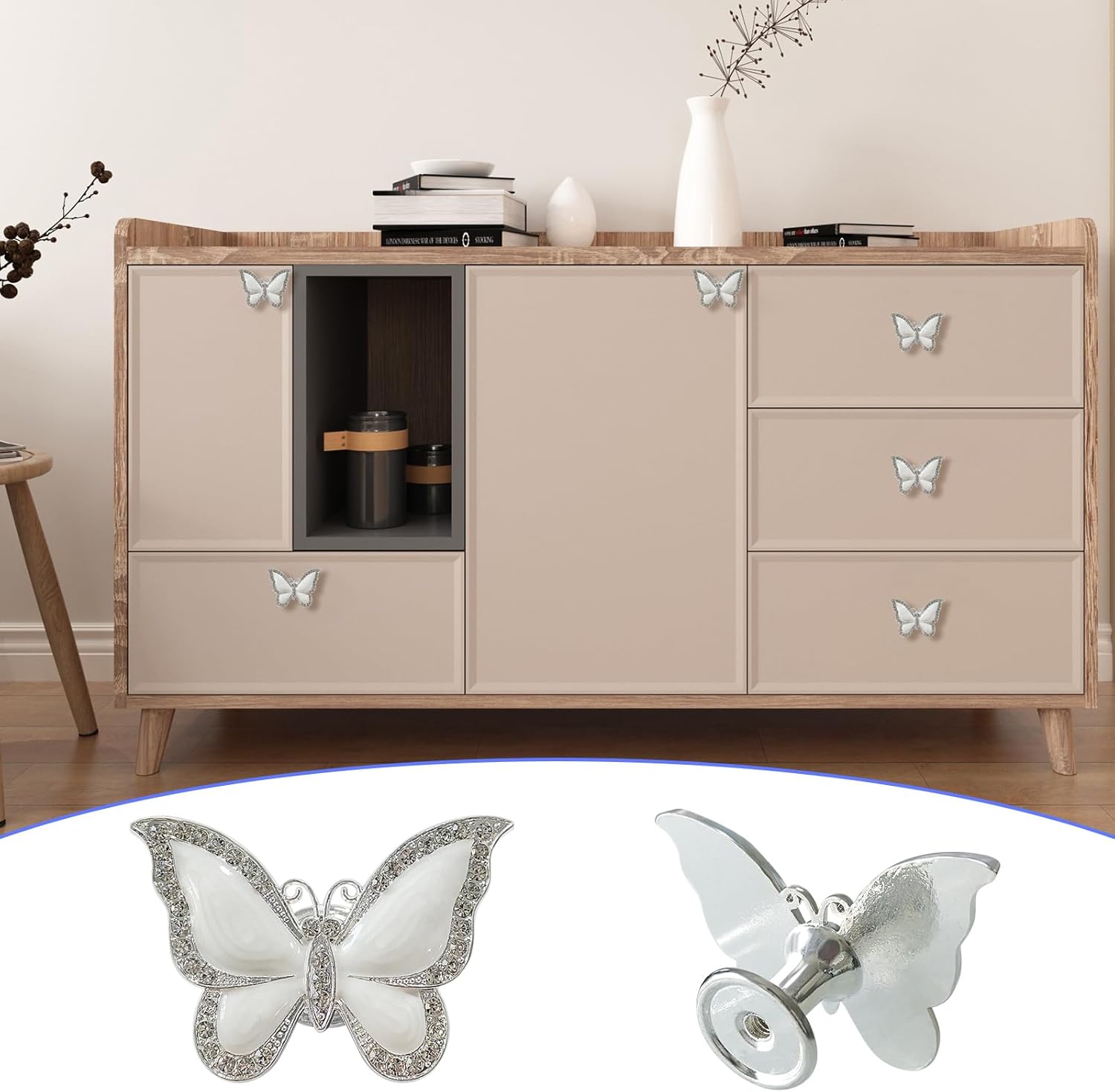 Butterfly Cabinet Knobs,6 Pieces Butterfly Knobs Single Hole Pulls Handles Decorative Door Cabinet Drawer Cupboard Furniture Door Wardrobe (Silver)