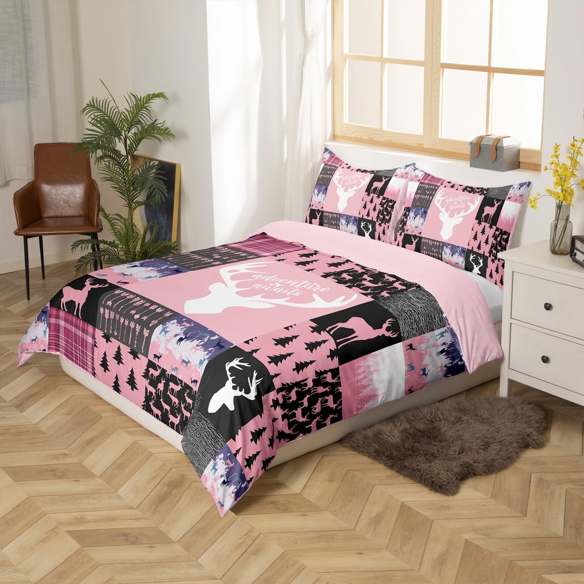 Erosebridal Farmhouse Moose Duvet Cover for Kids Boys Girls,Pink Deer Sketch Bedding Set,Rustic Elk Comforter Cover Full,Woodland Animal Bed Sets with 2 Pillow Shams Lodge Bedroom Decor