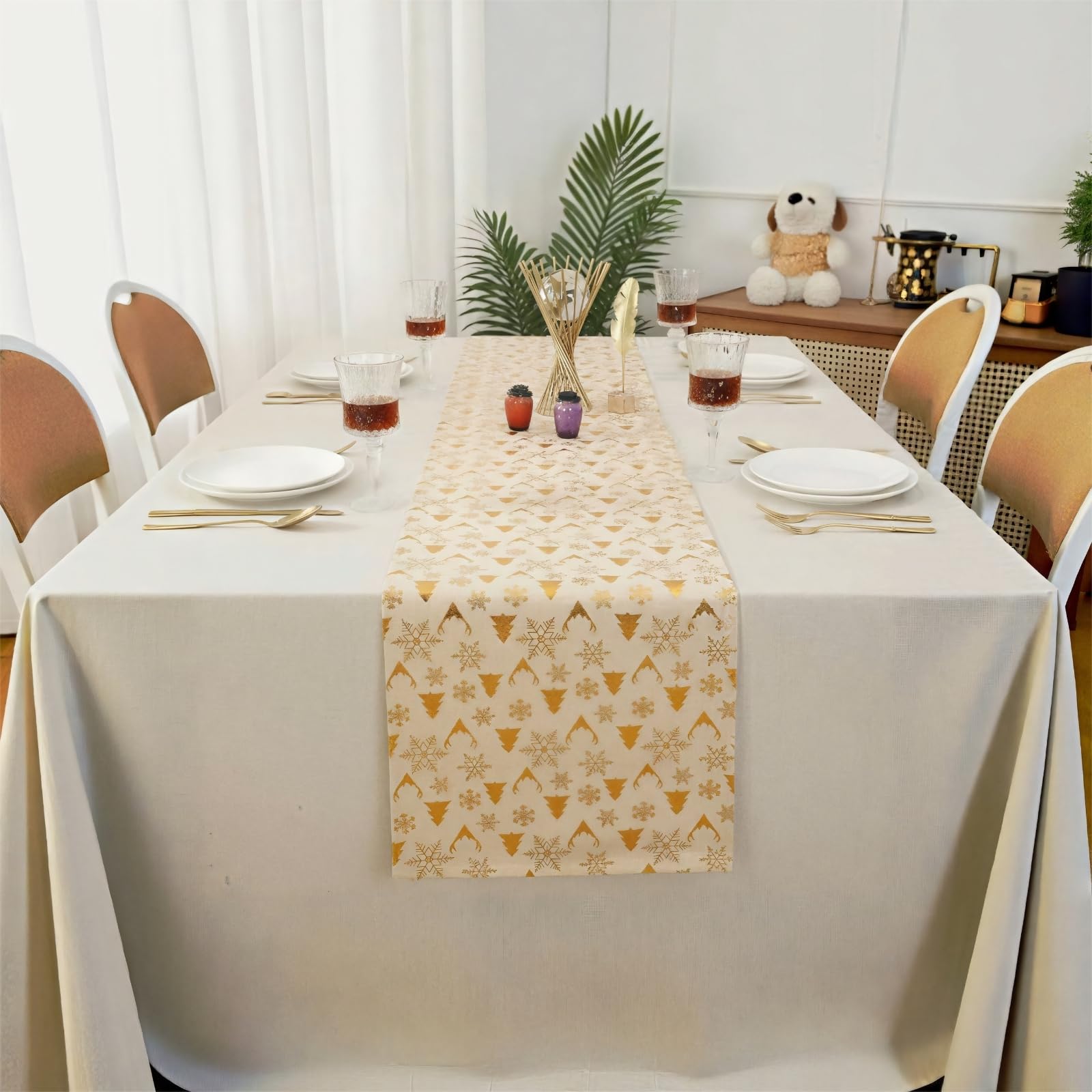 Christmas Table Runner - Christmas Table Decoration Christmas Tree Velvet Gold-Stamped Table Runner Reversible WashableWhite