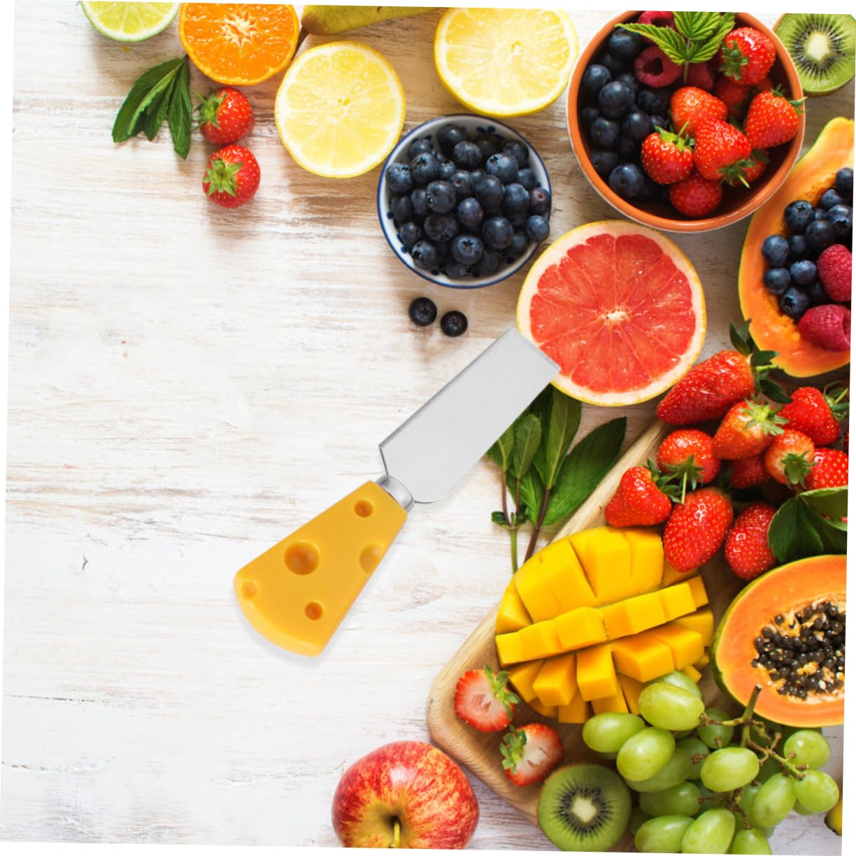 CIYODO 5pc Cheese Knife Fork Spoon Set Dessert Cutlery Cheese Slicer Kit Tableware for Fruit Dinnerware for Dessert Yellow Handle