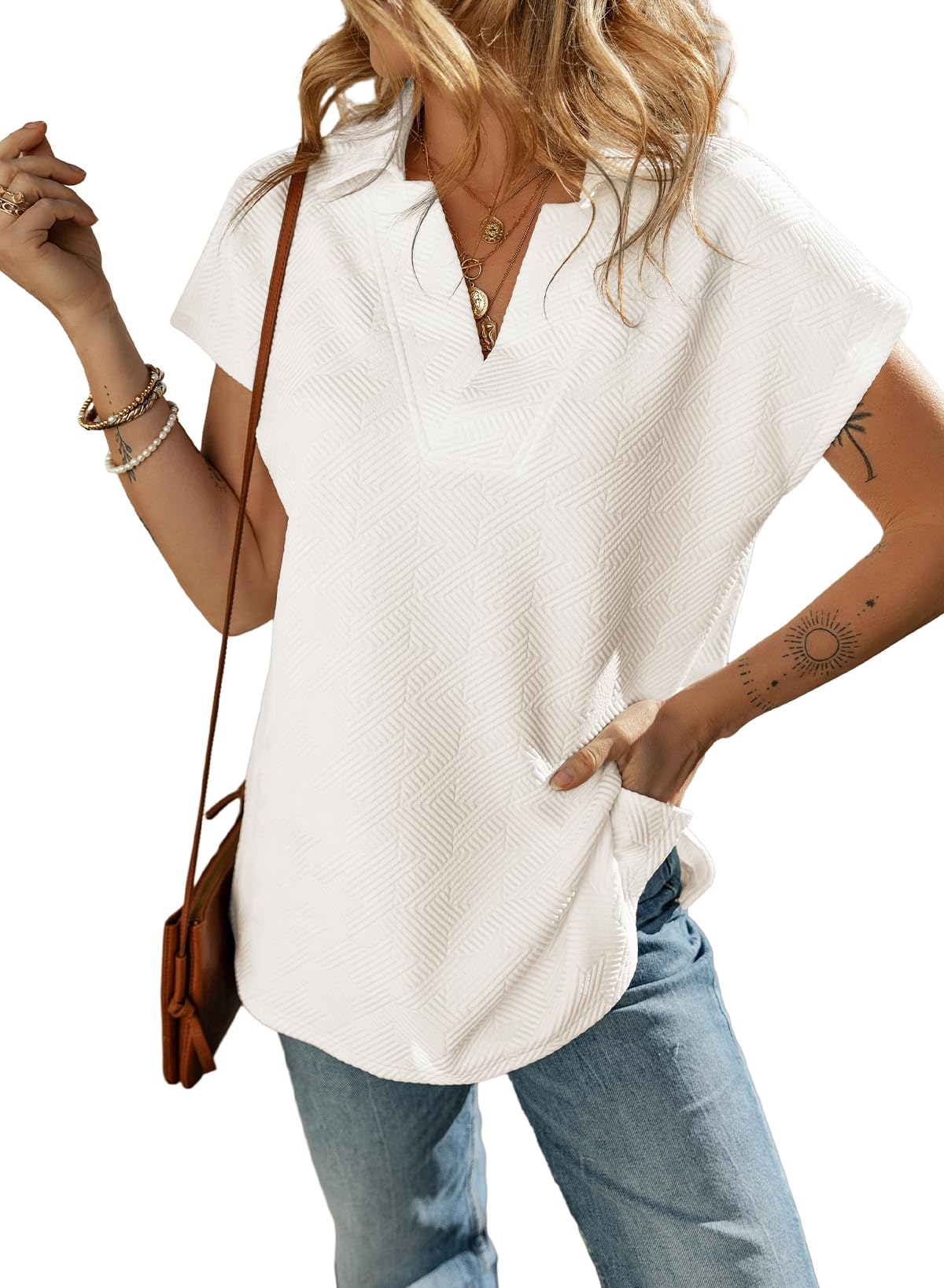 SHEWIN Women's Polo Shirts Casual Collared V Neck Short Sleeve T Shirt Tunic Tops Loose Fit