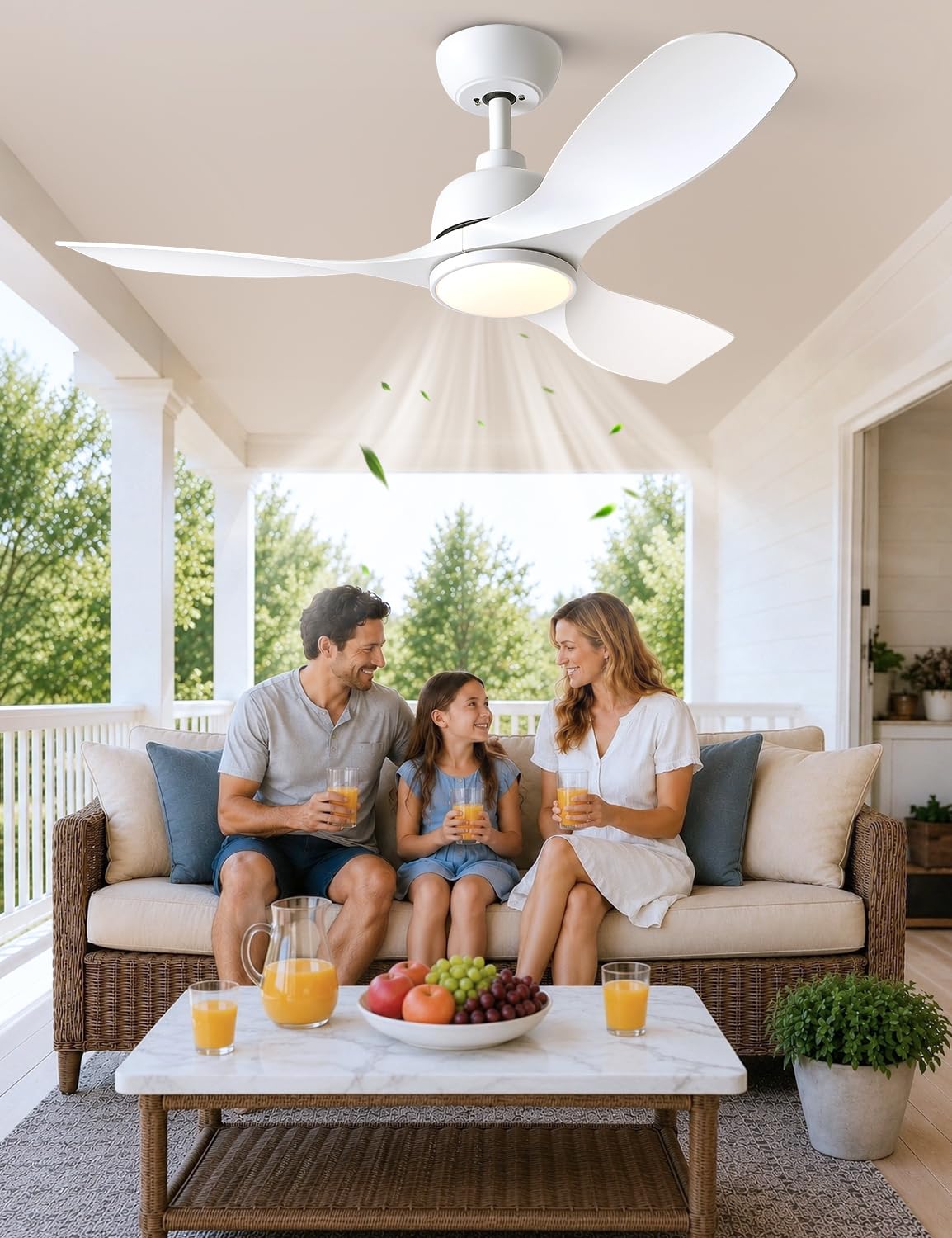 42-Zoll Weiß Deckenventilator mit Beleuchtung Outdoor Leise, Deckenventilator und Fernbedienung für den Außenbereich, Deckenventilator für Schlafzimmer und Wohnzimmer