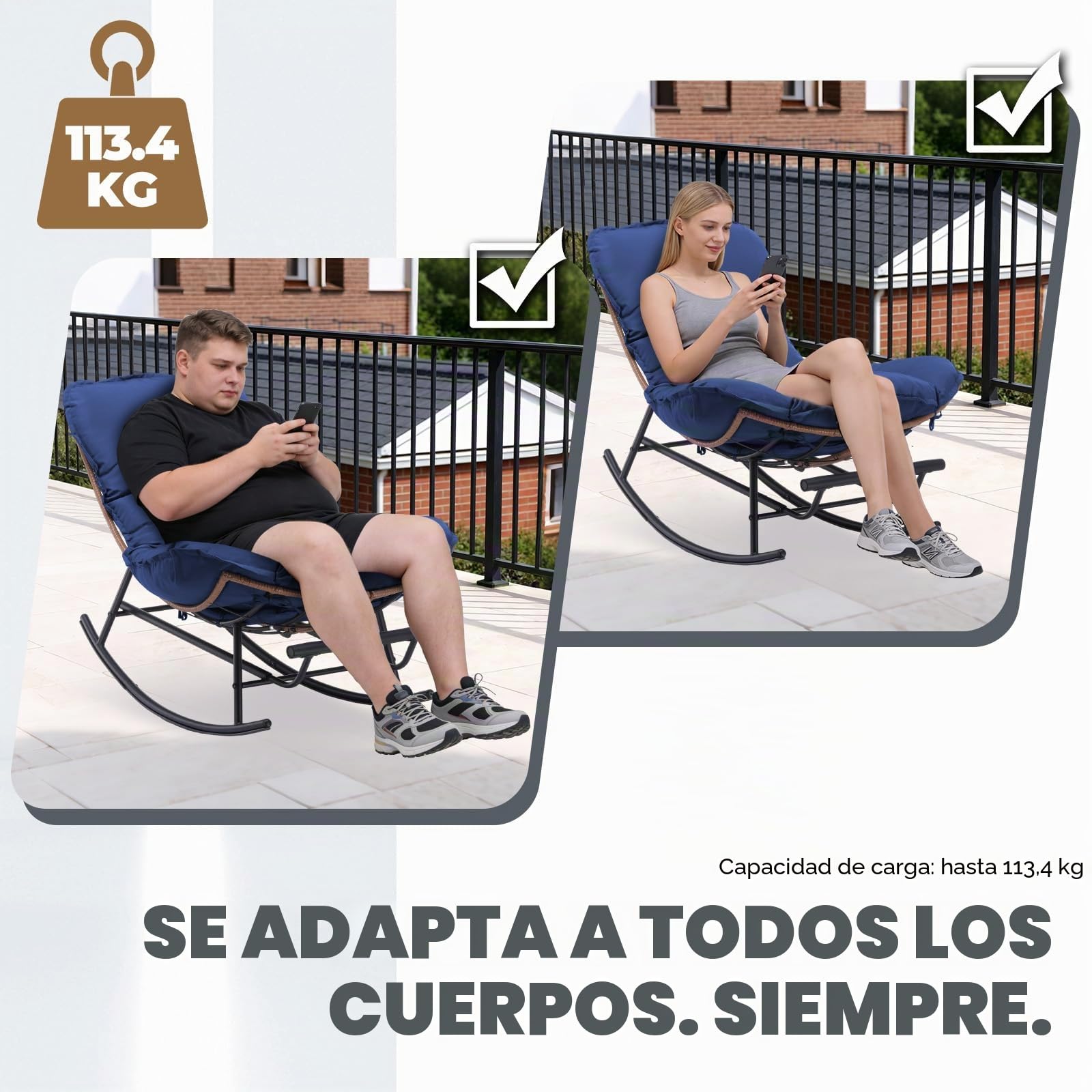 COMHOMA Mecedora, sillón de Relax, Estructura de Acero, reposapiés Extensible, cojín extraíble, soporta hasta 136 kg, Dormitorio, salón, terraza, jardín, Azul