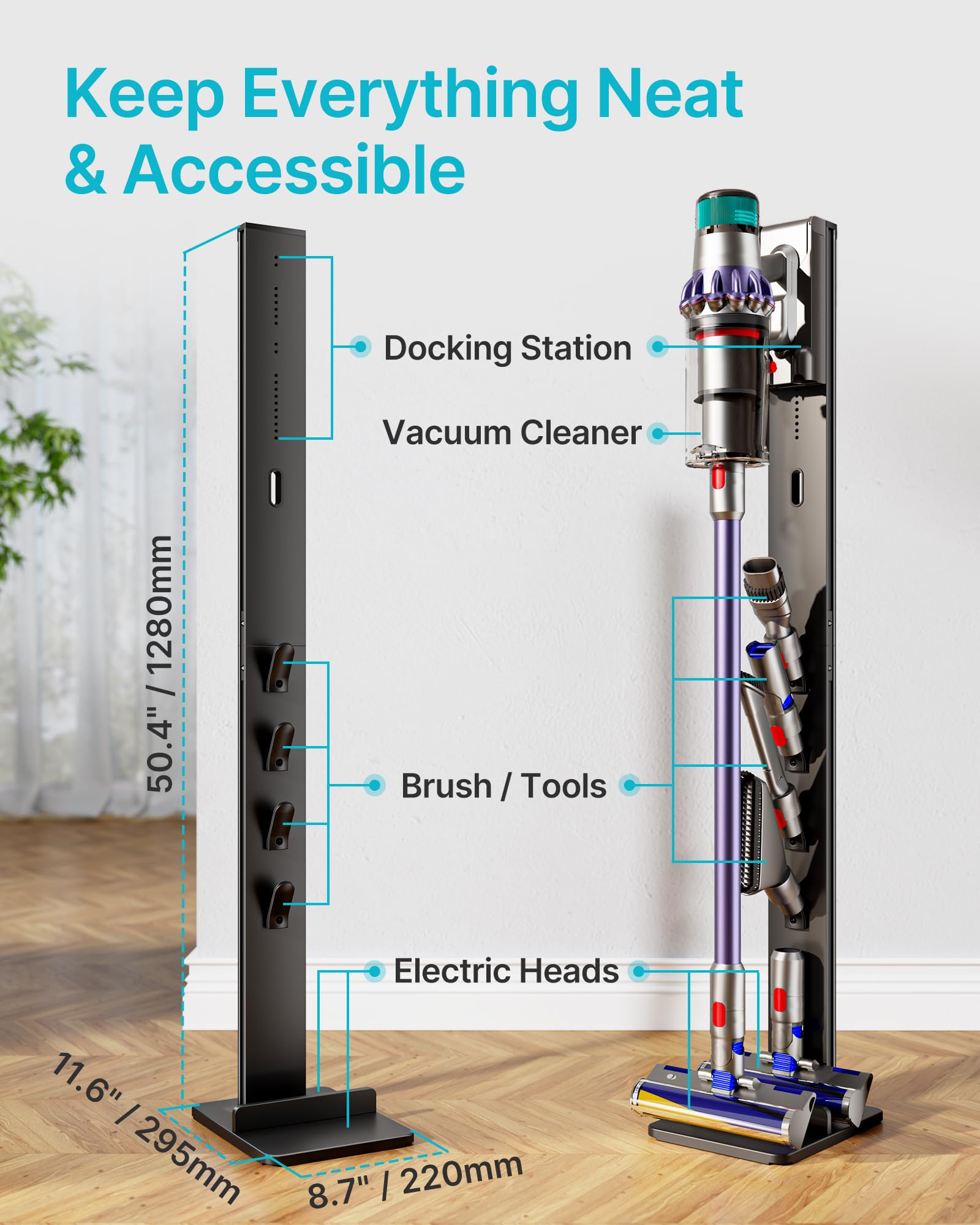 PEGZONE Soporte Aspiradora para Dyson Gen5 V15 V12 V11 V10 V8 V7 Negro | Compatible con Dyson, Soporte con 4 Ganchos, sin Taladrar, Guarda la Aspiradora y Todos los Accesorios