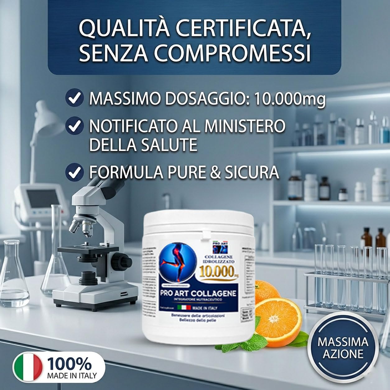 PRO ART Collagene Marino Idrolizzato Alto Dosaggio in Polvere 10.000 mg con Acido Ialuronico, Vitamina C e Zinco per Pelle Articolazioni e Capelli – 366 g Made in Italy