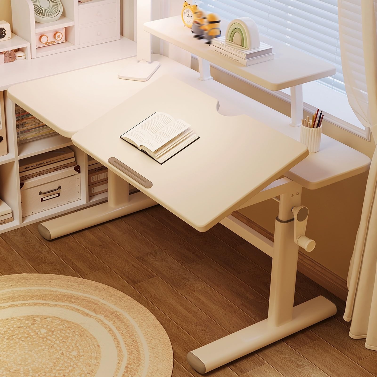 MYUYEE Standing Desk, White Manual Lift Sit Stand Desk With Removable Bookshelf And With Adjustable Angle Desktop, Office Desk With Desktop Block Strip And Thickened Legs,One Co(One Color-39.3In)