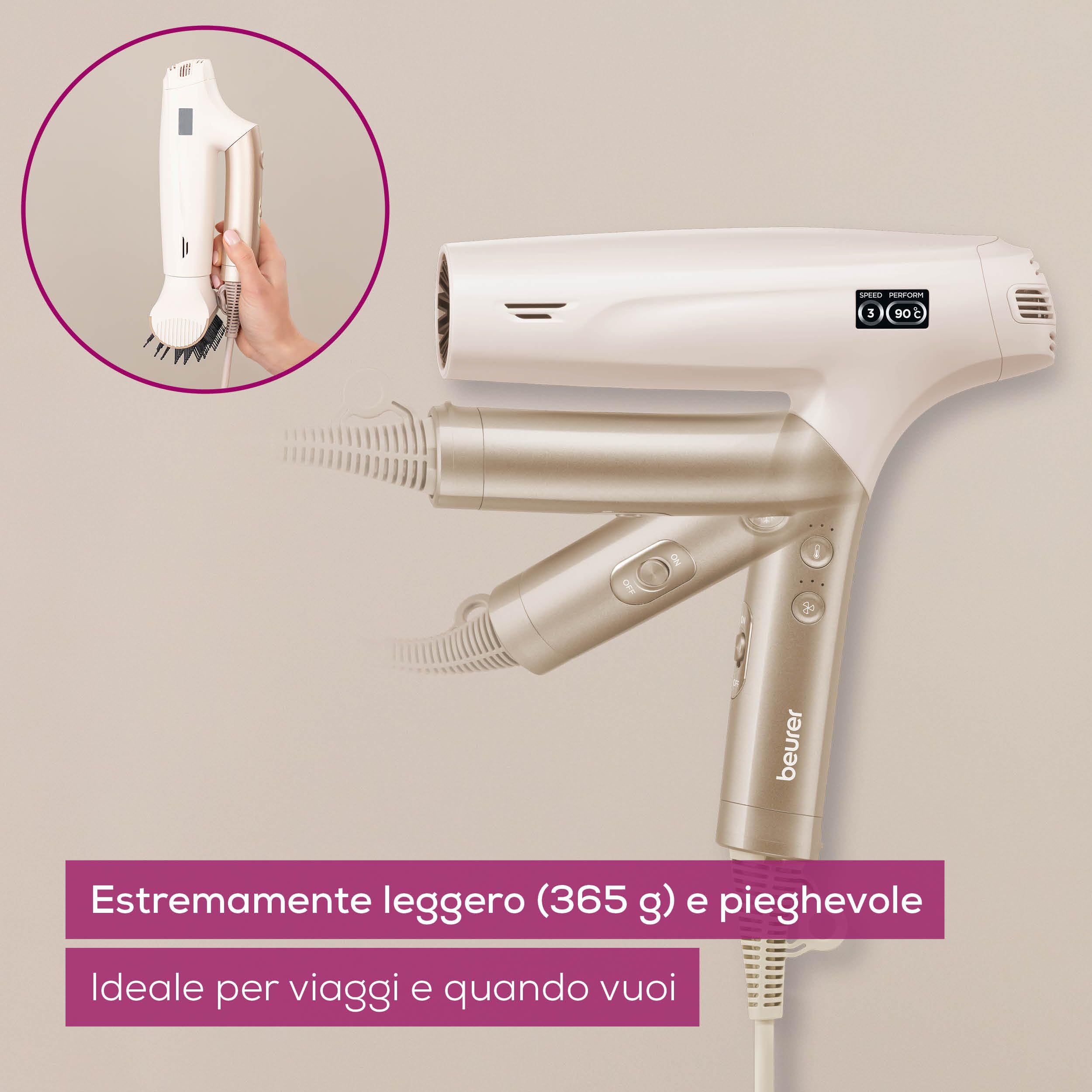 Beurer HC 150 FusionDry Pro Asciugacapelli, phon ultraleggero con potente motore digitale, manico pieghevole ergonomico ideale per i viaggi, funzione agli ioni, incl. 4 accessori per lo styling