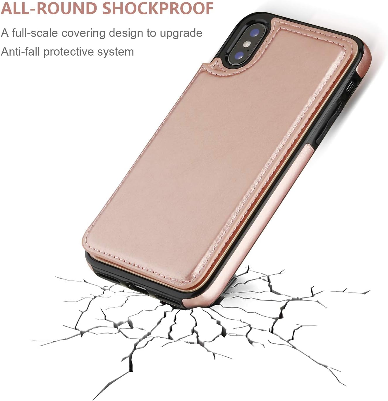 OT ONETOP iPhone Xs/X Wallet Case - PU Leather with Card Holder, Kickstand, Magnetic Clasp, Durable Shockproof Cover, 5.8" Rose Gold