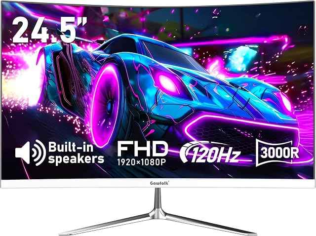 Gawfolk 24.5 Inch Gaming Curved Monitor Haut-parleurs intégrés, 3000R 120Hz blanc PC Écran complet HD 1080P, HDMI 2.0, VGA, Compatible avec le montage mural 75 * 75mm
