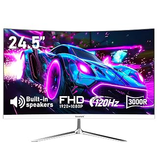 Gawfolk 24.5 Inch Gaming Curved Monitor Built-in Speakers, 3000R 120Hz White PC Screen Full HD 1080P, HDMI 2.0, VGA, Wall Mount Compatible 75 * 75mm - Amazon product rated Grade A