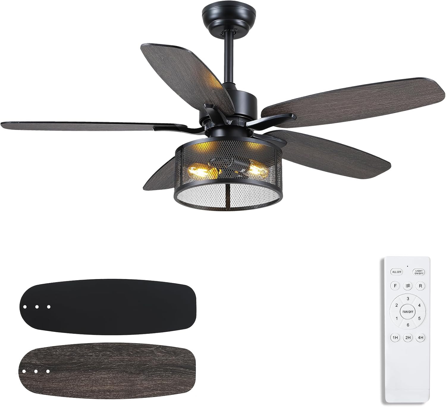 48″ Black Farmhouse Ceiling Fan with Light and Remote, Industrial Cage Design, Rustic Flush Mount for Bedroom Living Room, E26 Base, DC Motor, 6-Speed Reversible with Timer, Dual Blades