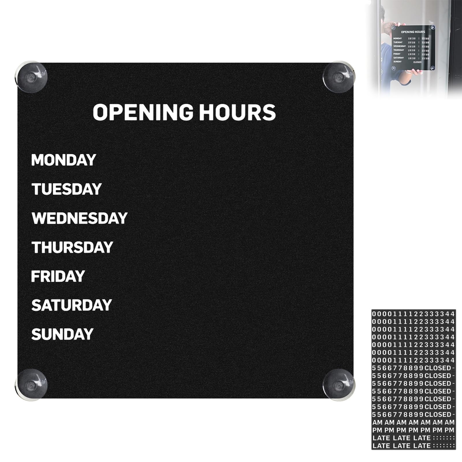Magnetisches Geschäftszeitschild, wechselbare Zeitplantafel mit Saugnäpfen und magnetischen Zahlen, ideal für Schaufenster und Glastüren