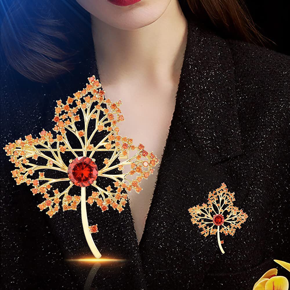 Broche con Forma de Hoja de Arce para Mujer, joyería Hueca de circonita Naranja y roja, Regalo para Solapa, Ideal para otoño.