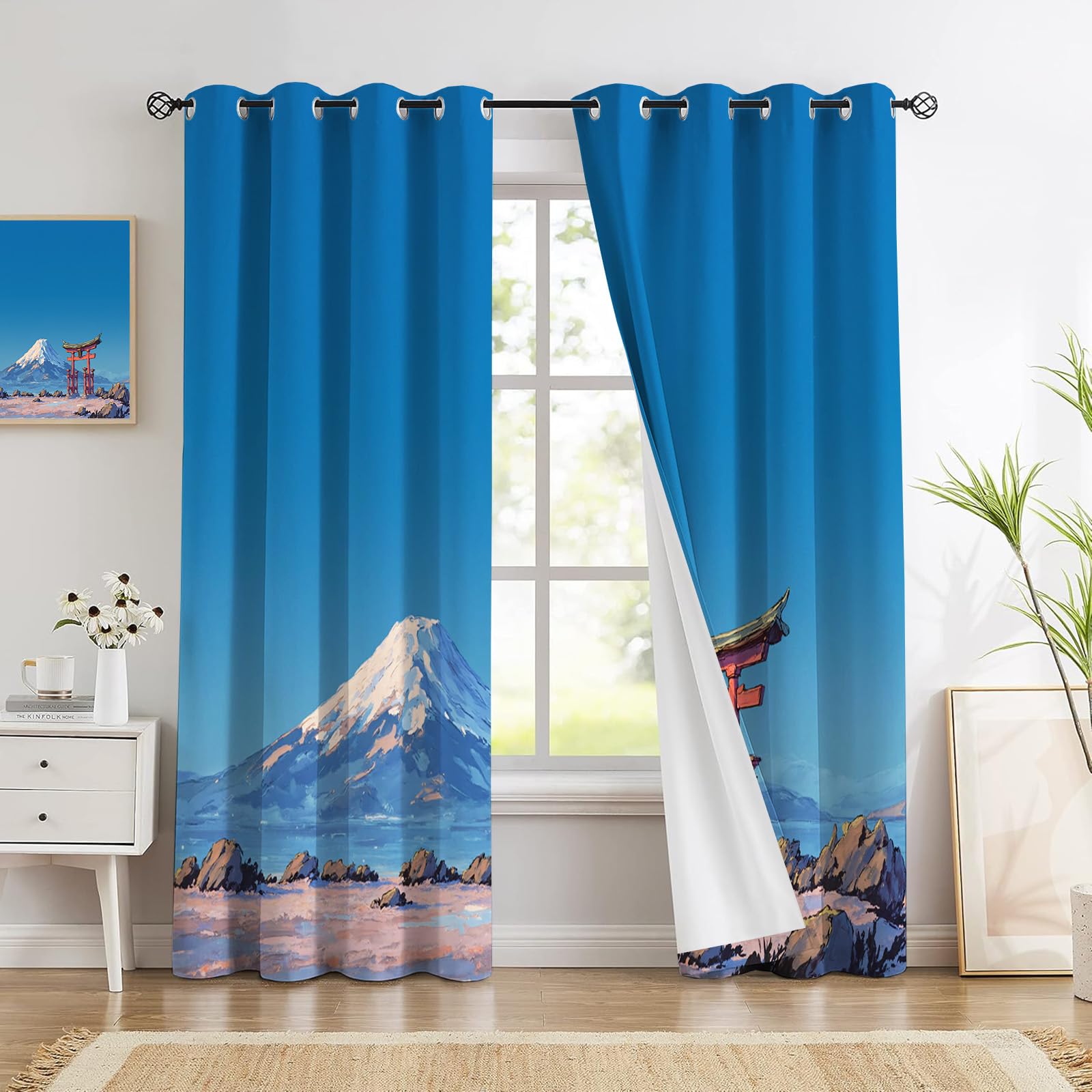 Rideau occultant paysage japonais Mont Fuji lot de 2 draperies opaques bleu 140x240cm