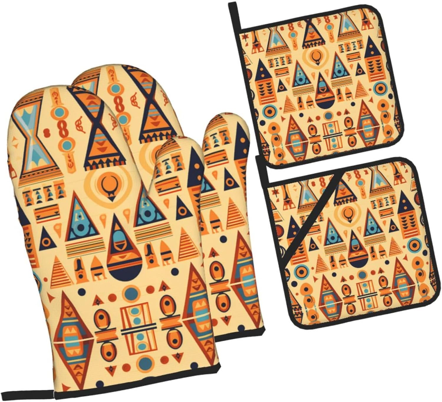 Triangular Tower Symbol Printed Oven Mitts + Potholders 4-Piece Set - Great for BBQ Party Cooking