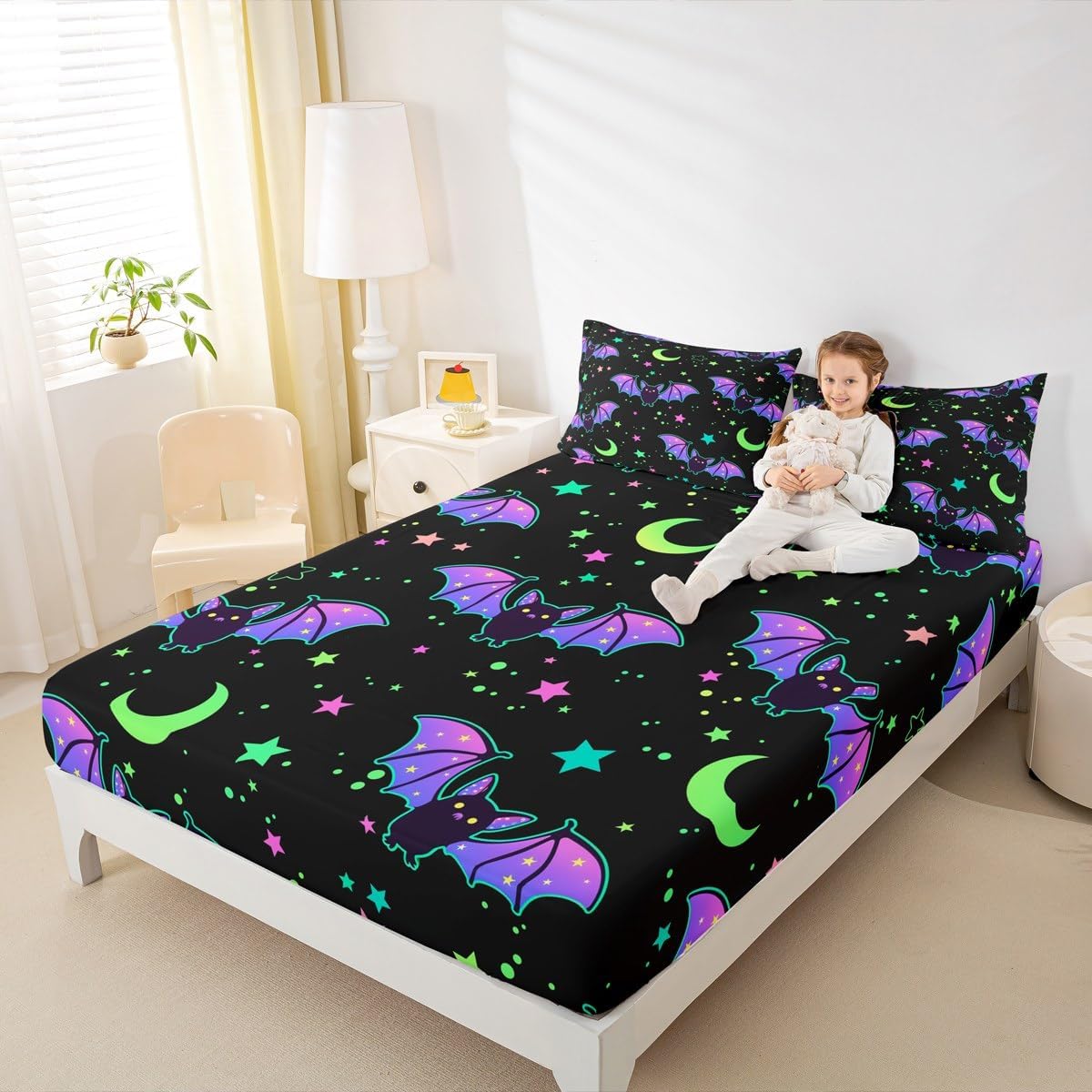 Castle Fairy Halloween Bed Sheet Set Full Size,Neon Watercolor Bat Fitted Sheet for Kids Teens Girls Room Decor,Gothic Starry Sky Bedding Set Horror Festival Bed Cover 3pcs with 2 Pillowcases