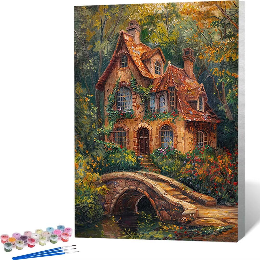Colorare con i Numeri Adulti Dipingere per Rilassarsi, Contiene una Tavola Prestampata e un Tracciato che Guida l'Attività, Hobby per Adulti e Ragazzi - Misure Tavola 70x95cm Case Autunno 1-X