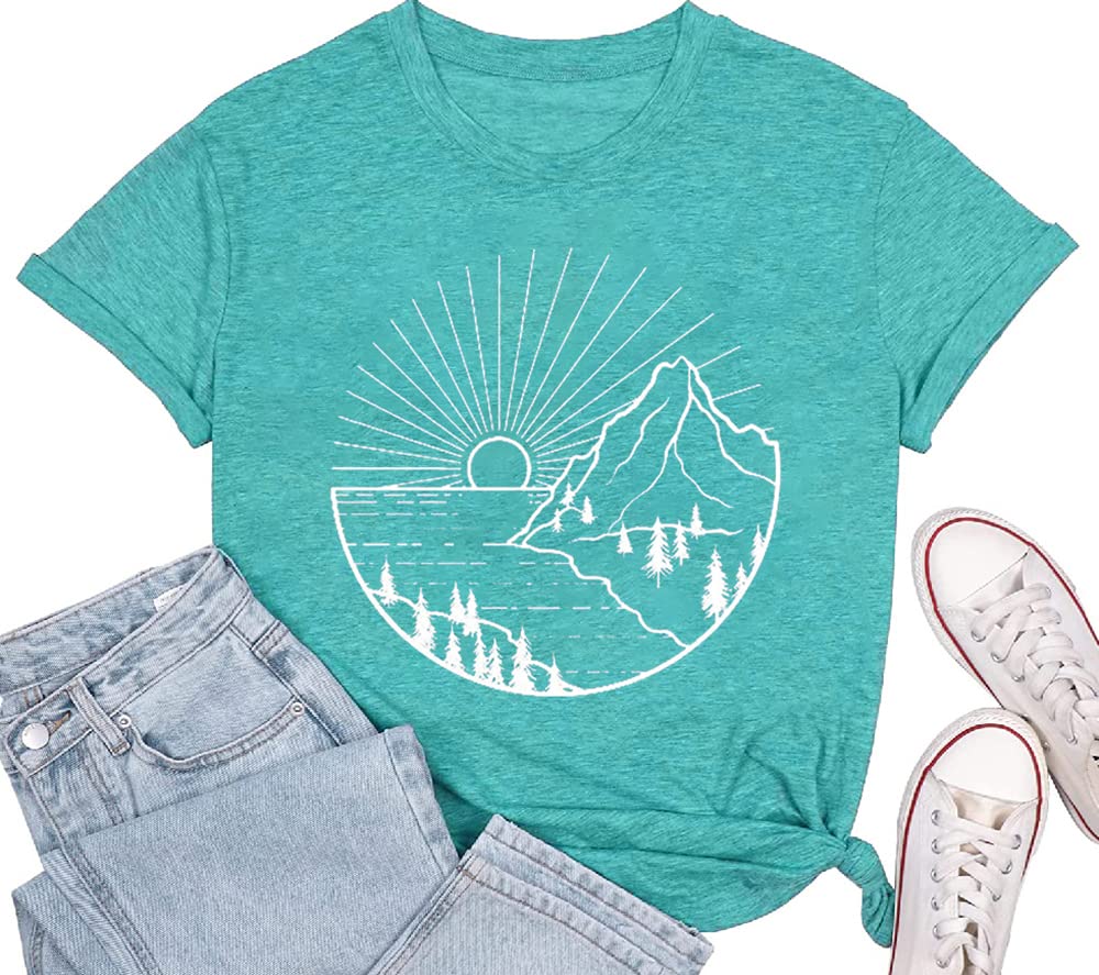 Women Hiking Mountain Shirt Nature Sunrise Graphic Printed Hiking T Shirt Summer Short Sleeve Workout Tee top