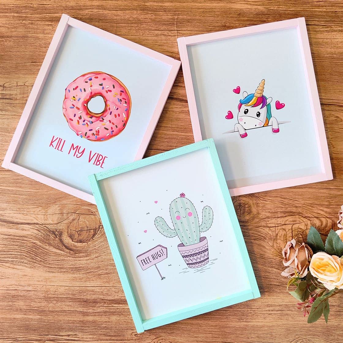 IMI STUDIOS Donut Combo (Set of 3) Pine Wood Wall Hanging (10x8 Inches) with 300 GSM Printed Sheet