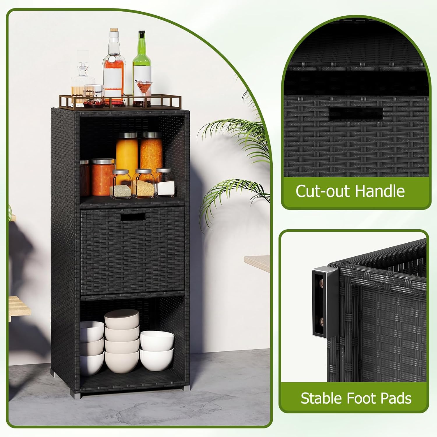HAPPYGRILL Outdoor Storage Cabinet PE Rattan Wicker Storage Shed Organizer with Shelves Drawer, for Patio Porch, Garden, Backyard and Poolside (Black)