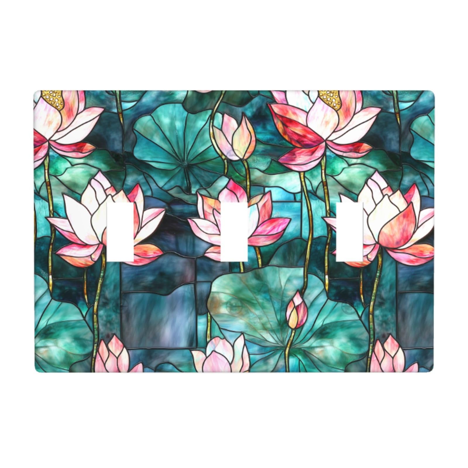 Stained Glass with Pink Lotus Flowers Light Switch Covers 3 Gang Triple Toggle Wall Plate Switchplate Electrical Faceplate for Bathroom Kitchen Bedroom Decor