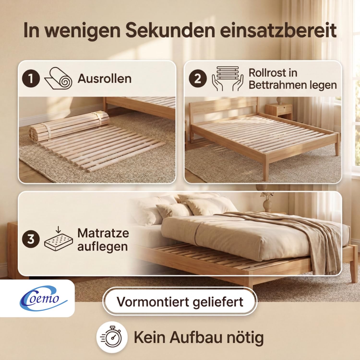 Coemo Rollrost Rolllattenrost 21 Leisten 6 Befestigungspunkte 140 x 200 cm Lattenrost aus Buche Holz - Belastbar bis 350 kg - Ohne Montage