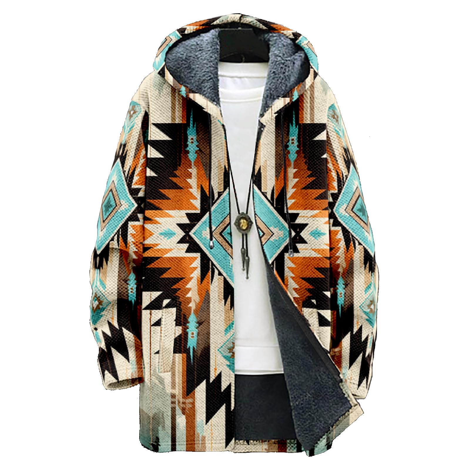 Mens Oversized Western Aztec Long Hooded Cardigan Ethnic Vintage Tribal Print Sweater Coat with Pockets
