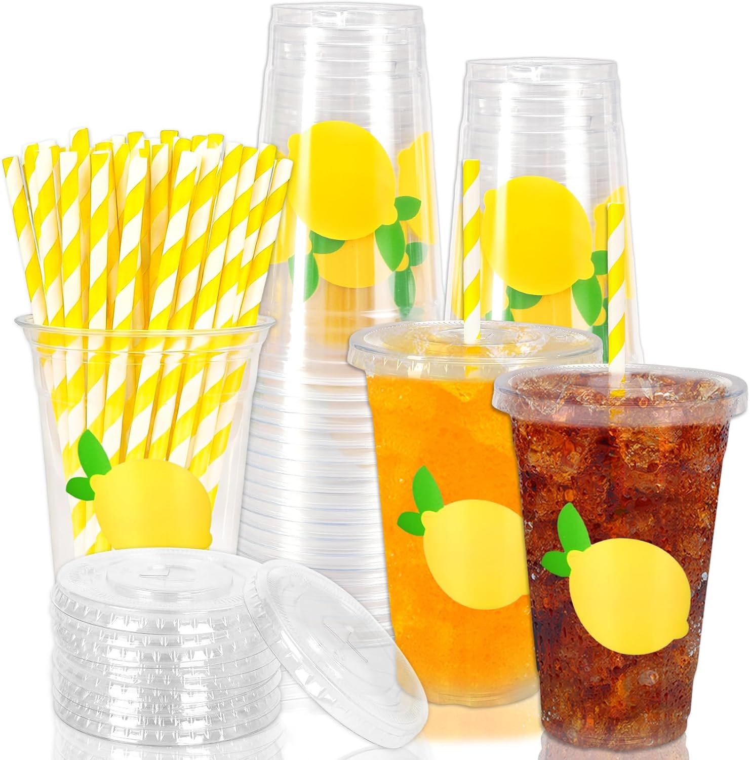Whaline 50Pcs Lemon Disposable Plastic Cups with Lids and Straws 12 Oz Yellow Summer Fruit Cold Beverage Drinking Cups for Birthday Baby Shower Party Supplies