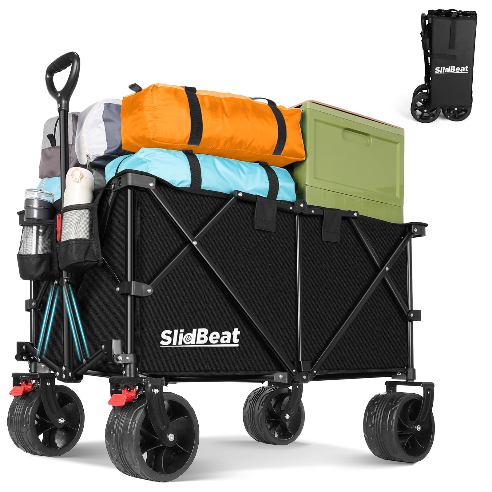 SLIDBEAT Chariot de Plage 220-330L, 200KG Chariot de Transport Pliable avec Roues Pivotantes à 360°, XXL Chariot de Jardin à Poignée à Rebond Automatique Tout Terrain avec Freins, pour Pêche Camping