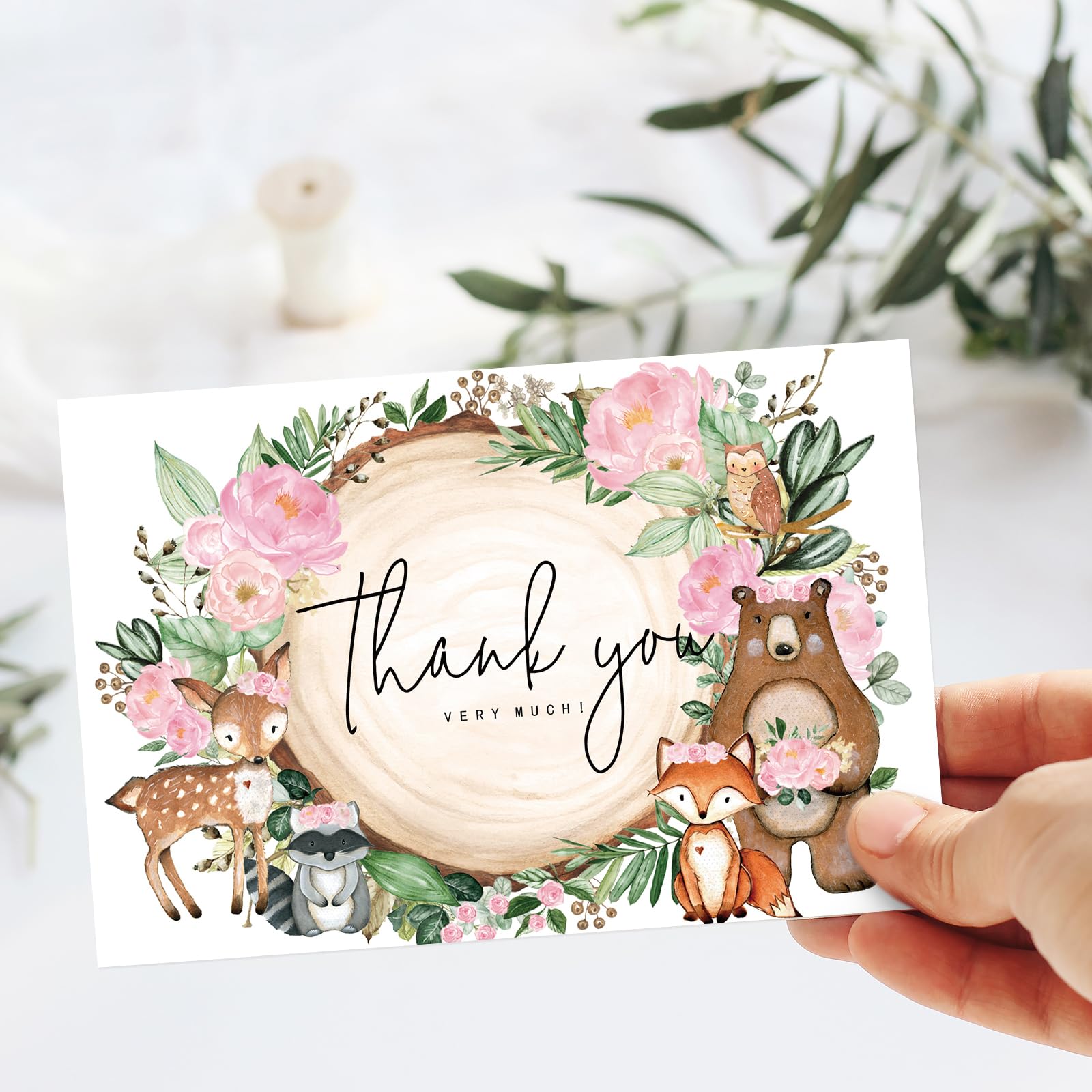 JarThenaAMCS Paquete de 50 tarjetas de agradecimiento del bosque en caja, tarjetas de felicitación de animales del bosque con sobres, calcomanías en blanco, tarjetas de notas en blanco para baby