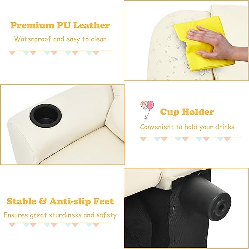 Miniatura 6 de ARLIME Silla reclinable para niños, sillón tapizado con soporte para tazas, respaldo, sofá de cuero para bebé con reposacabezas y reposapiés,