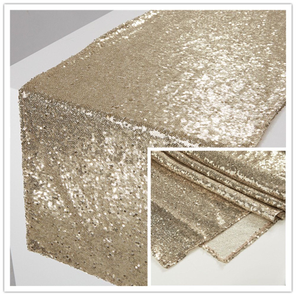 YZEO12"x108" Light Gold Sequin Table Runner Sparkly Table Linens For Christmas Dessert Time Home Day Birthday Party