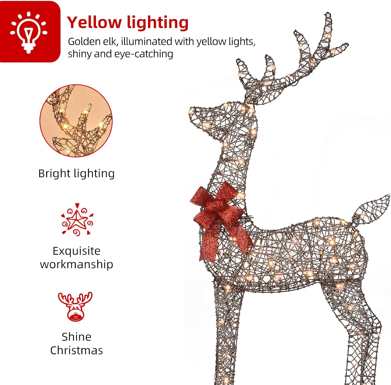 HOYECHI 5ft Light Up Reindeer Outdoor Christmas Decorations -3 Piece Rattan Deer Family Set with 160 Warm White LED Lights, Large Christmas Garden Decor for Lawn, Front Garden, Patio and Drivewa image 4