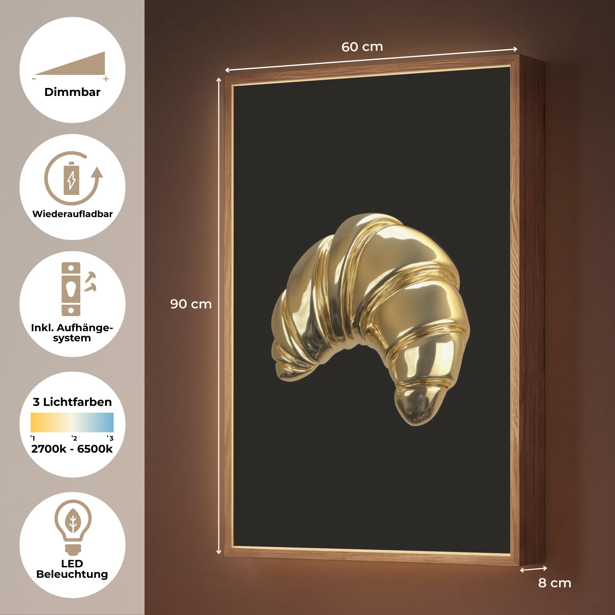 Wandleuchte Nachtlicht 60x90 cm Aufladbar Dimmbar Innen Nachtlampe Wandmontage LED Wandlampe Nachttisch Wall Lamp Licht Wand Croissant - Brot - Gold - Schwarz