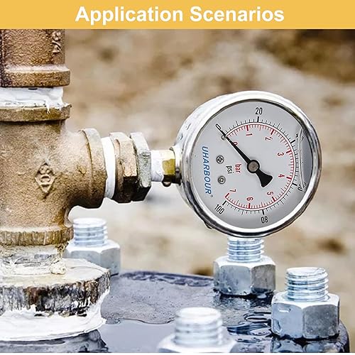 Miniatura 6 de Medidor de presión relleno de glicerina 14 NPT 100psi7bar, caja de acero inoxidable, construcción interior de latón, esfera de 2-12", conexión