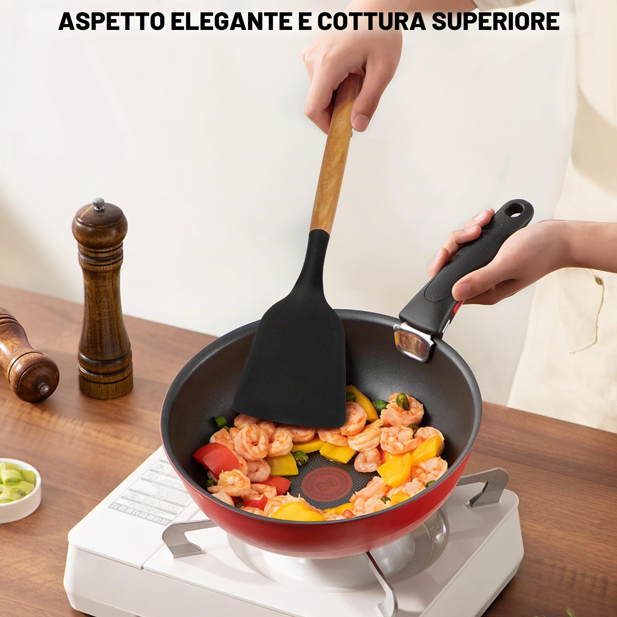 Vortix 19 Pezzi Set Utensili Cucina Silicone, Set Coltelli da Cucina con Porta Utensili, Mestoli Cucina Silicone con Manico in Legno, Nero