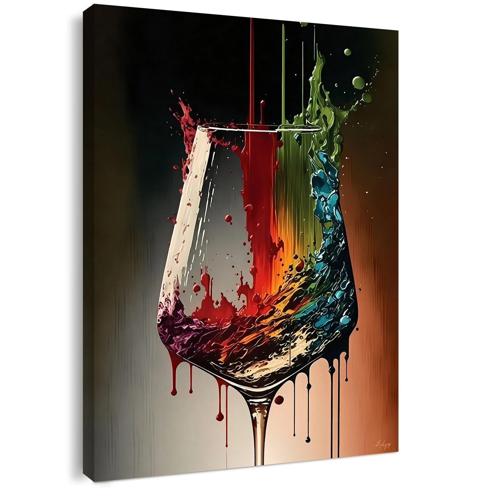 Canvas Wall Art Framed – Abstract Wine Glass Colour Splash Artwork, Modern Colourful Wall Decor for Living Room, Dining Room, Kitchen or Bar Area Home Decoration, with Hooks and Nails, 12x16 Inch — image 1