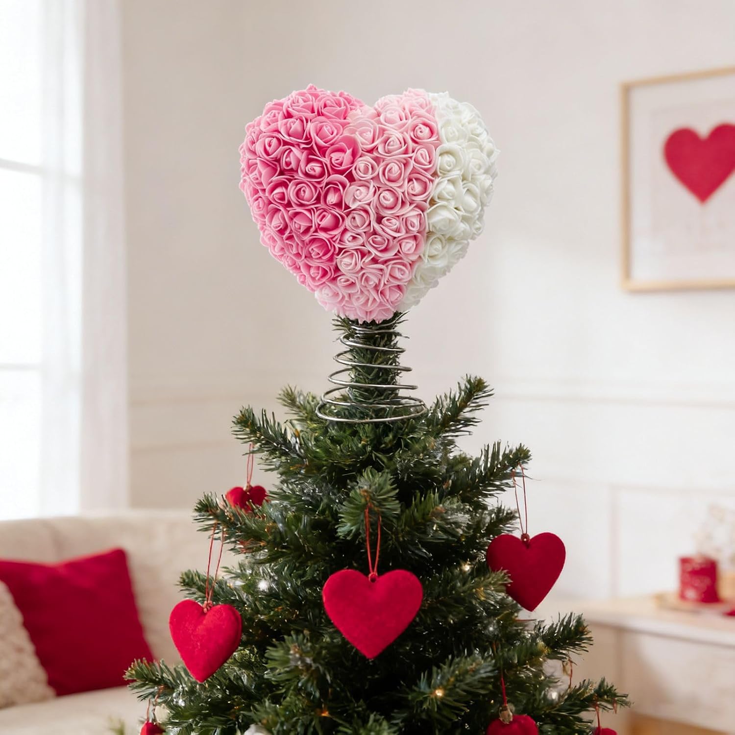 Preserved Rose Flower Tree Top Valentines Day Heart Shape Tree Top Ornament for Christmas Wedding Holiday Decorations Everlasting Flower
