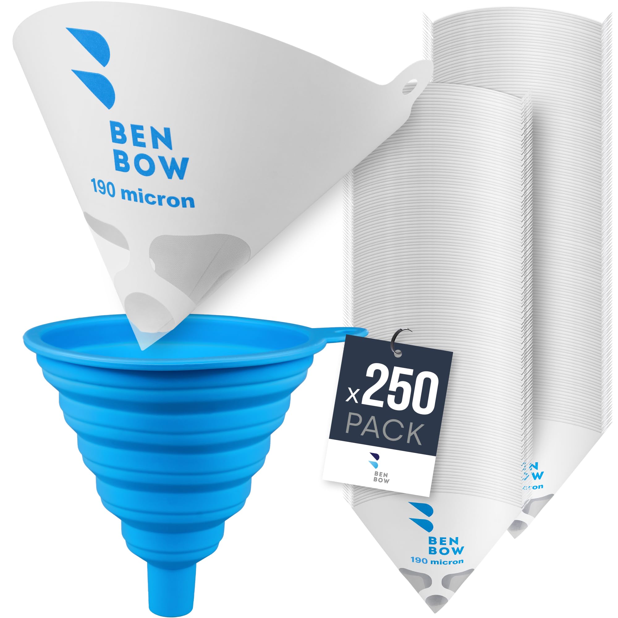 BenBow Filtro per Vernice 190µ x 250 Pezzi - Filtro monouso in Carta con Tessuto in Nylon e Comodo Imbuto in Silicone - per filtrare Vernici e Colori da impurità